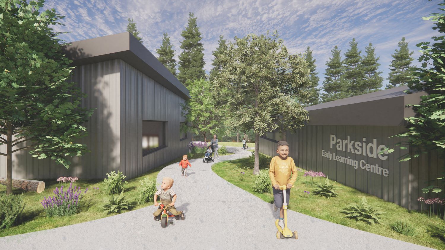 Architectural rendering of the Kingsview child-care facility, with the Parkside Early Learning Centre name, landscaped path, buildings and composited people.