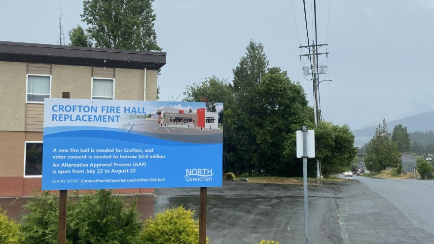 A photo showing the project sign in front of the old Crofton Fire Hall