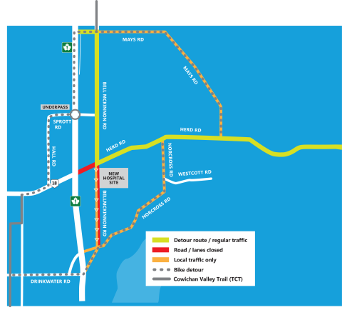 A map showing various detour routes for Trans Canada Trail users