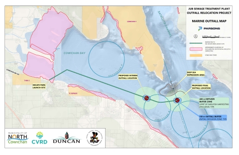 A map showing the marine routing of the new outfall location on Cowichan Bay, from Hecate Park to the embayment line of the bay