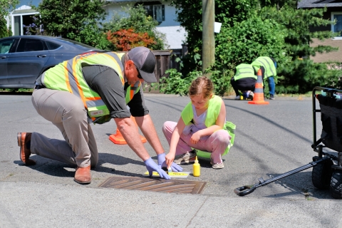 Volunteers painting yellow fish beside a catch basin