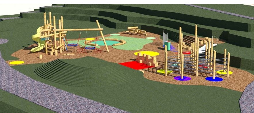 Rendering of natural wooden playground with various play features