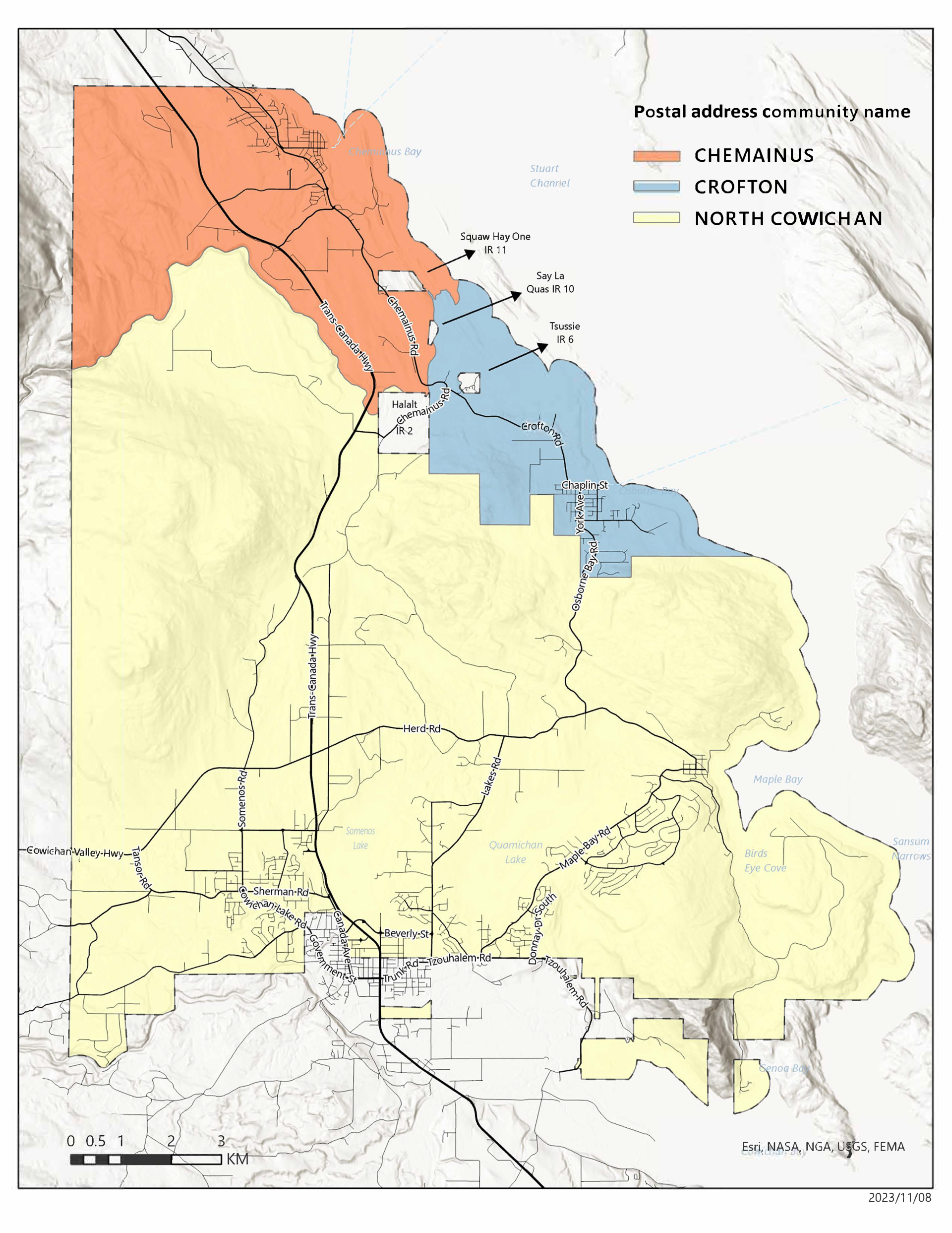 A map showing the boundaries of Chemainus and Crofton within the Municipality of North Cowichan
