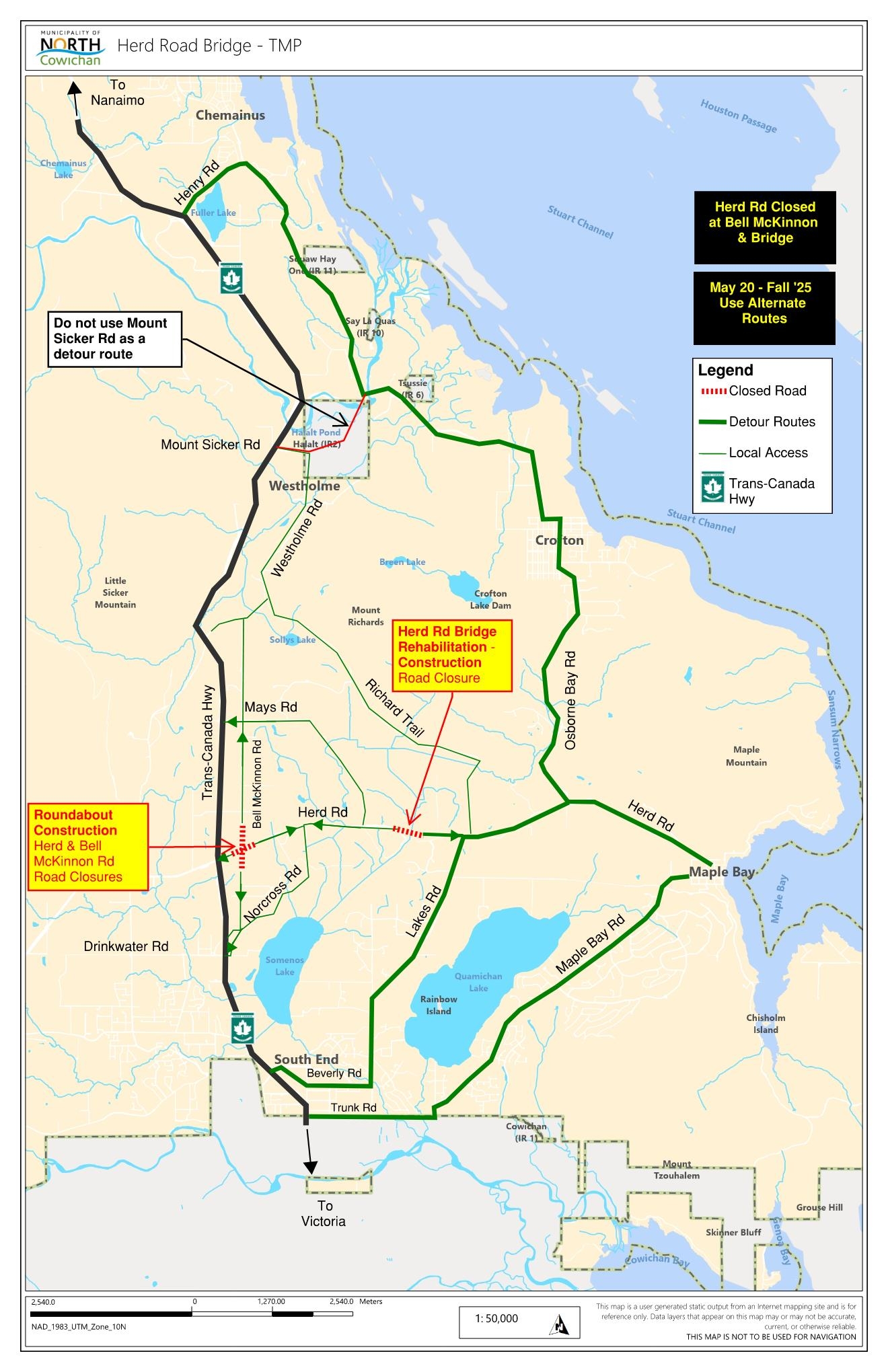 Herd Road summer 2025 road works map showing closures and detours