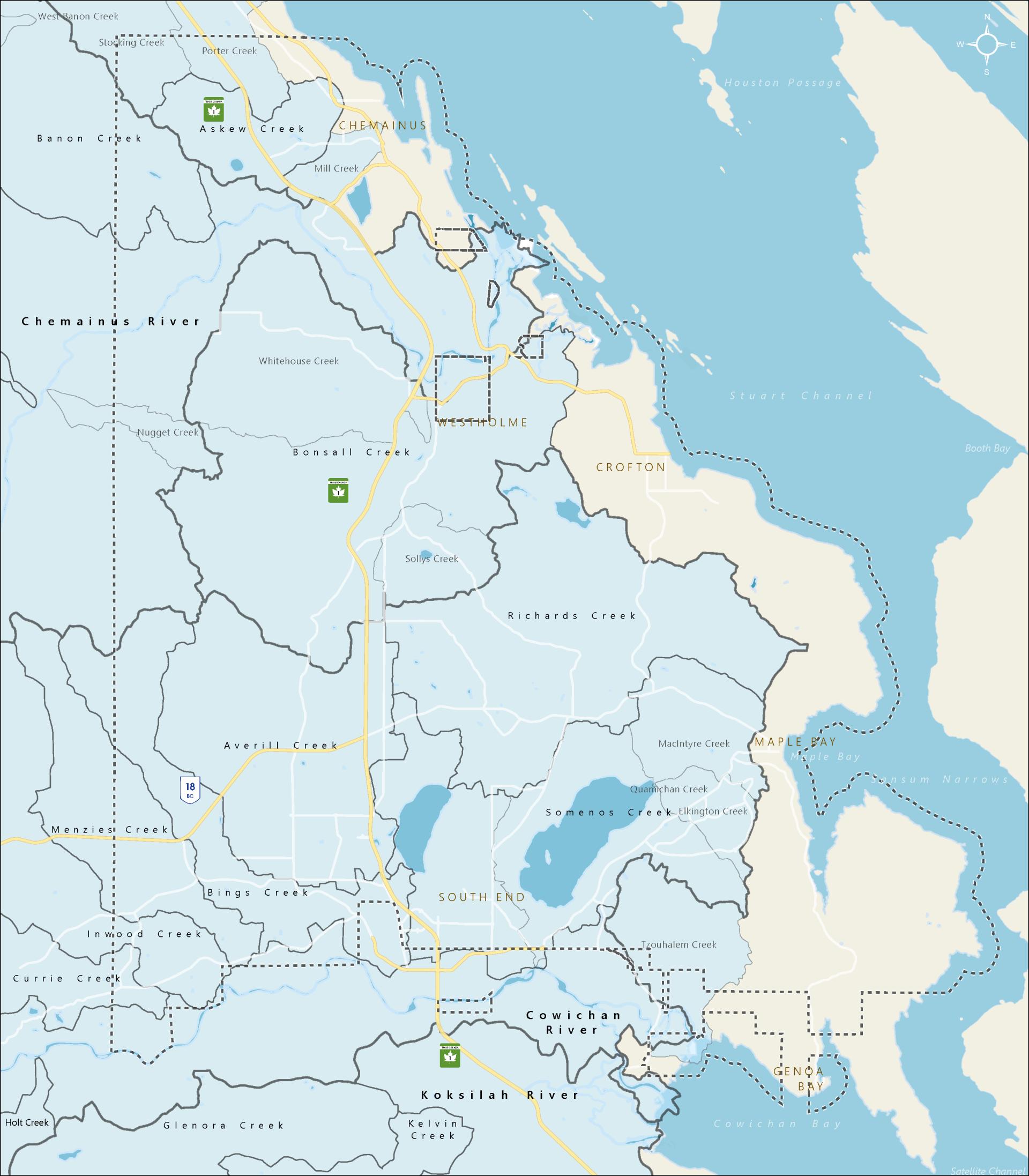 A map of North Cowichan showing its various watersheds